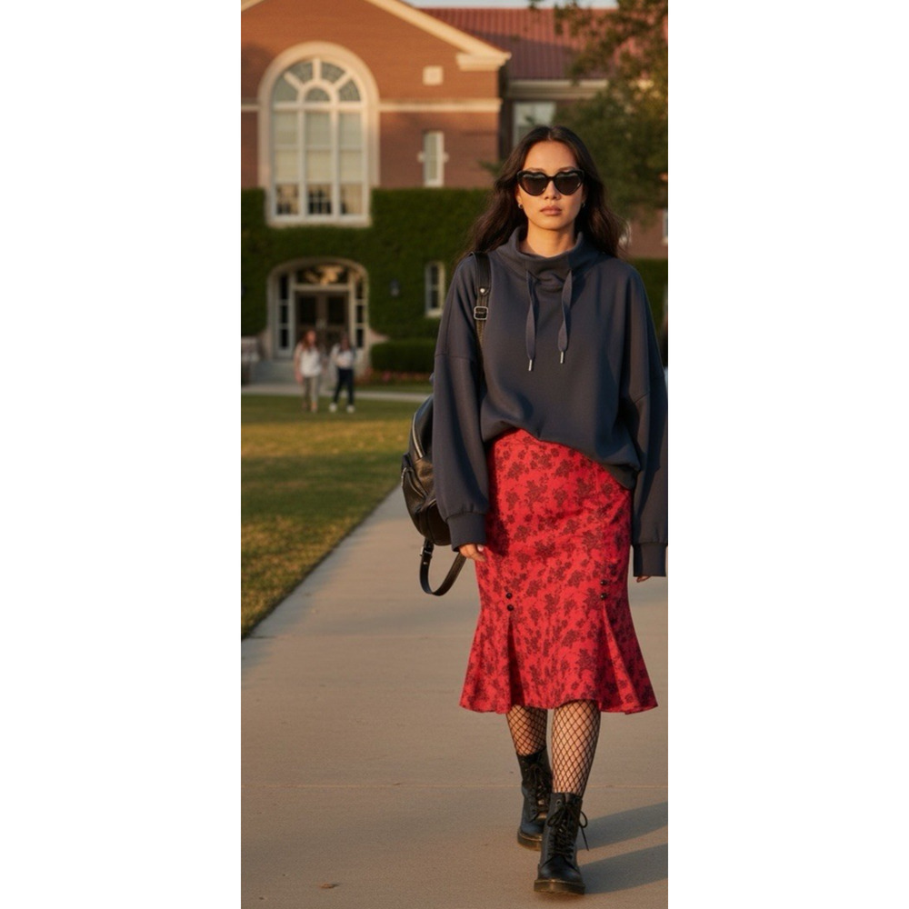 VOODOO VIXEN Retro Red & Black Floral Knee-Length Stretchy Wiggle Skirt, Pinup - Picture 2 of 14